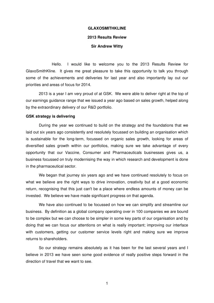 glaxosmithkline 2013 results review sir andrew witty