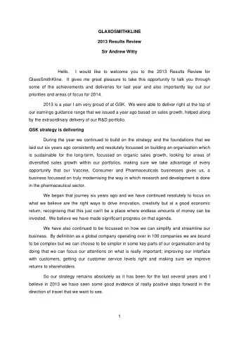 GLAXOSMITHKLINE  2013 Results Review  Sir Andrew Witty  Hello.  I would like to welcome you to the