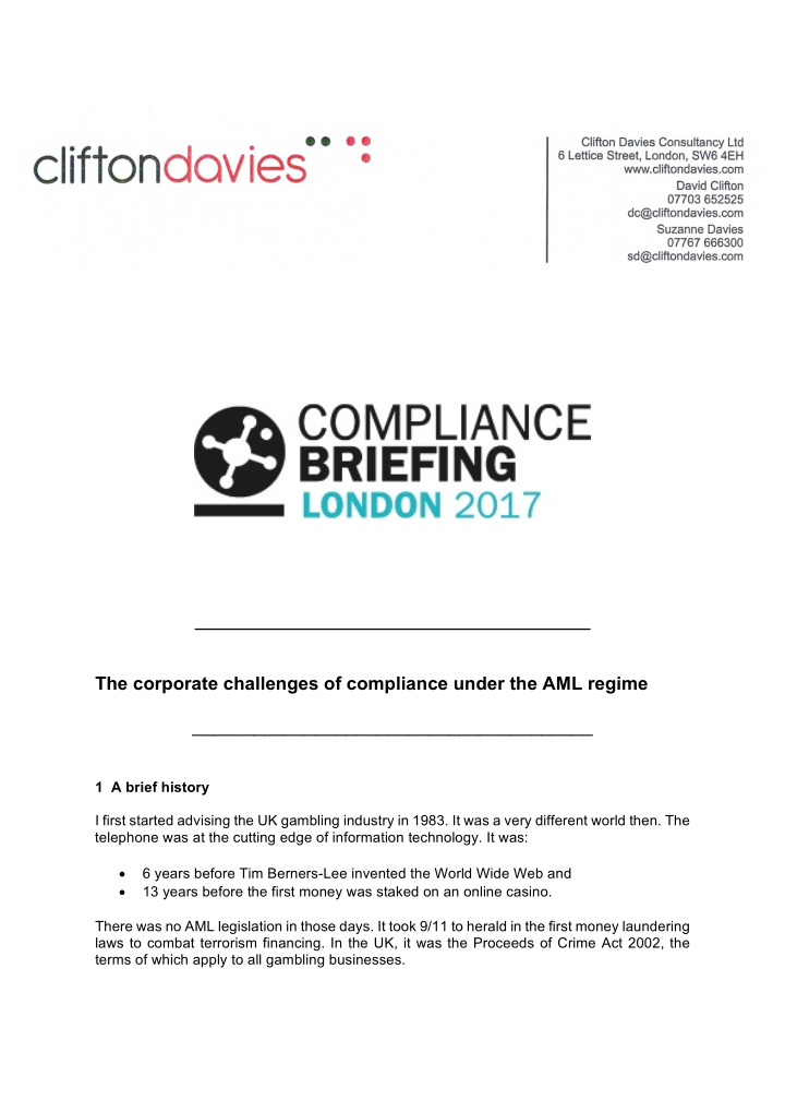 the corporate challenges of compliance under the aml