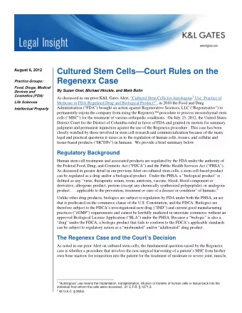 Cultured Stem CellsCourt Rules on the  August 6, 2012  Regenexx Case  Practice Groups:  Food,