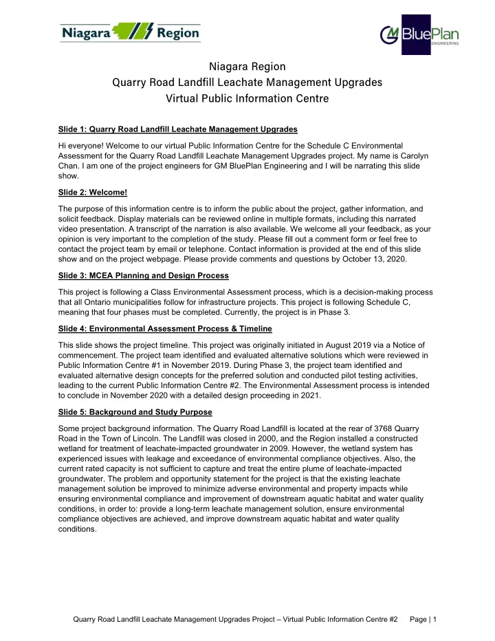 niagara region quarry road landfill leachate management