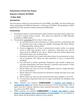 Presentation of Final Year Project  Semester 2 Session 20192020  19 May 2020  Introduction  This