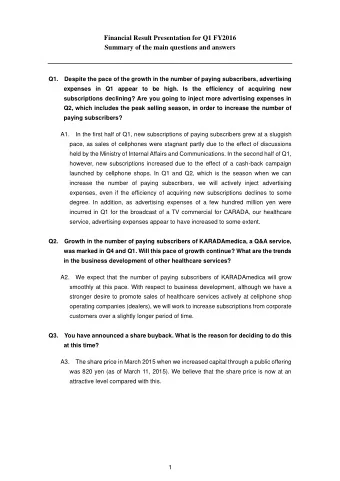 Financial Result Presentation for Q1 FY2016  Summary of the main questions and answers  Q1.