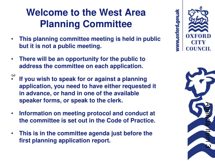 welcome to the west area planning committee