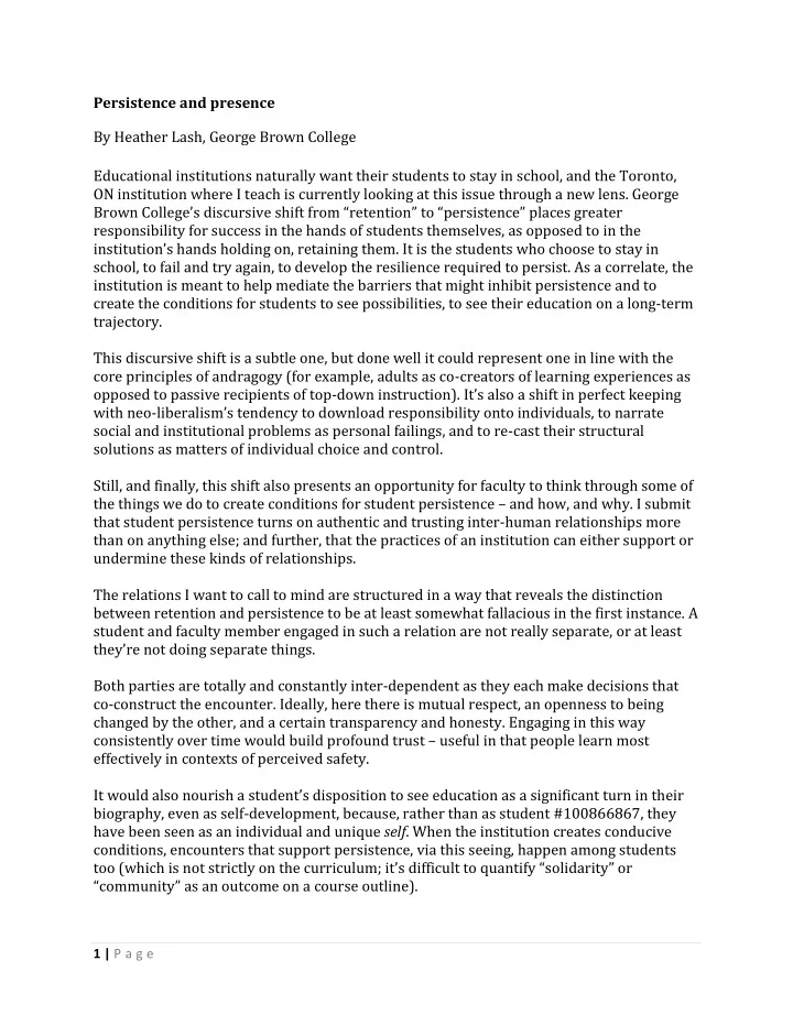 persistence and presence by heather lash george brown