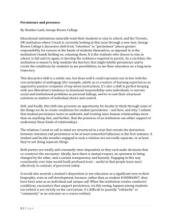 Persistence and presence  By Heather Lash, George Brown College  Educational institutions naturally