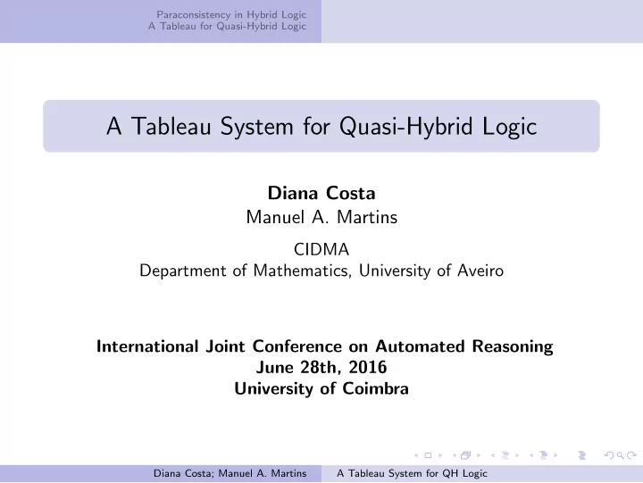 a tableau system for quasi hybrid logic