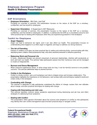 Employee Assistance Program  Health &amp; Wellness Presentations  EAP Orientations  Employee