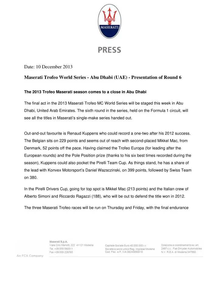 date 10 december 2013 maserati trofeo world series abu