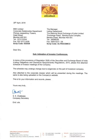 INDIA'S  CORPORATE  LARGEST  DOSSIER  CEMENT  COMPANY Stock code: BSE : 532538 NSE : ULTRACEMCO