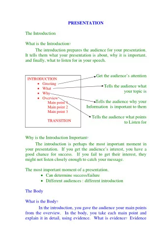 PRESENTATION  The Introduction What is the Introduction ?  The introduction prepares the audience
