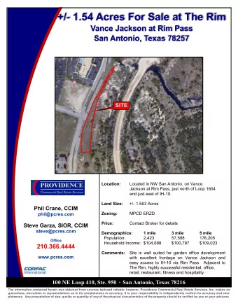+/ - 1.54 Acres For Sale at The Rim Vance Jackson at Rim Pass San Antonio, Texas 78257 SITE