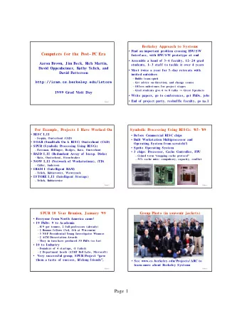 Page 1  Outline  Perspective on Post- PC Era  Background: Berkeley Approach to  PostPC Era