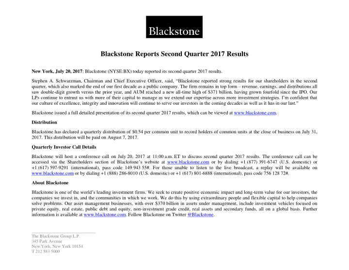 blackstone reports second quarter 2017 results