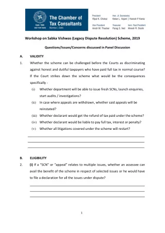 Workshop on Sabka Vishwas (Legacy Dispute Resolution) Scheme, 2019  Questions/Issues/Concerns