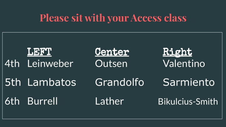 please sit with your access class left center right 4th