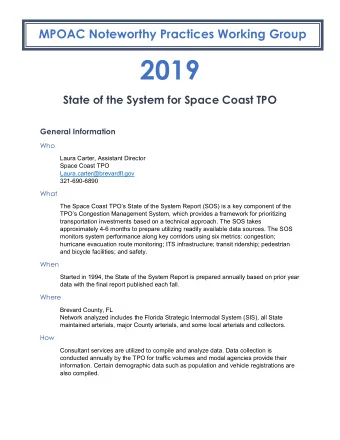 2019  State of the System for Space Coast TPO  General Information  Who  Laura Carter, Assistant