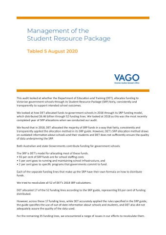 This audit looked at whether the Department of Educatjon and Training (DET), allocates funding to