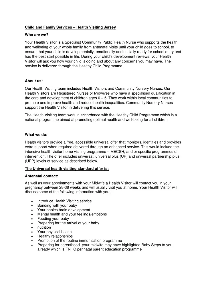 child and family services health visiting jersey who are