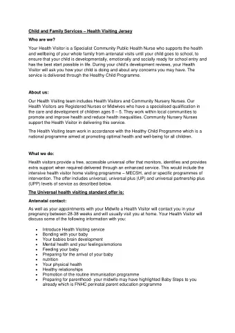 Child and Family Services  Health Visiting Jersey  Who are we?  Your Health Visitor is a