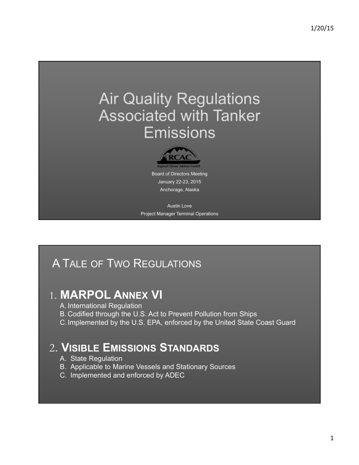 air quality regulations associated with tanker emissions