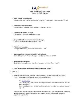 Guest Experience Partners Council  August 12, 2020  Agenda   Safer Airports Terminal Walks
