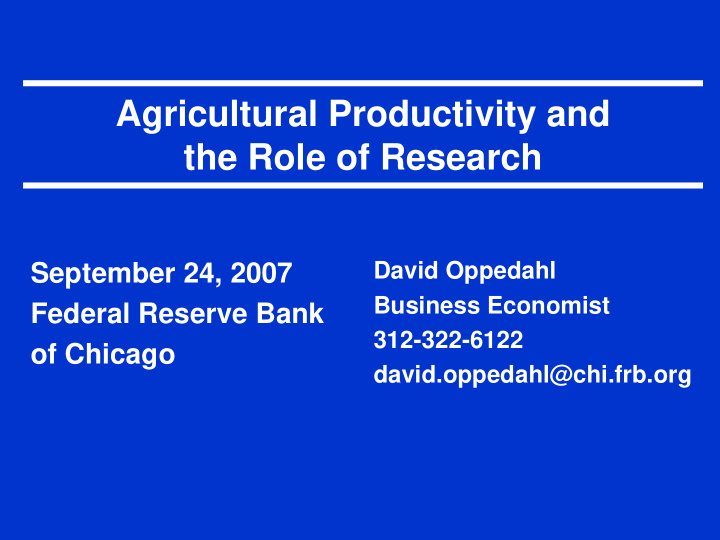 agricultural productivity and the role of research