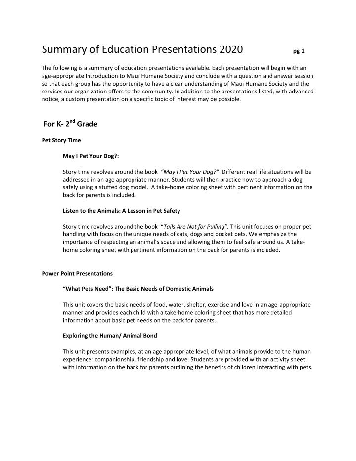 summary of education presentations 2020 pg 1