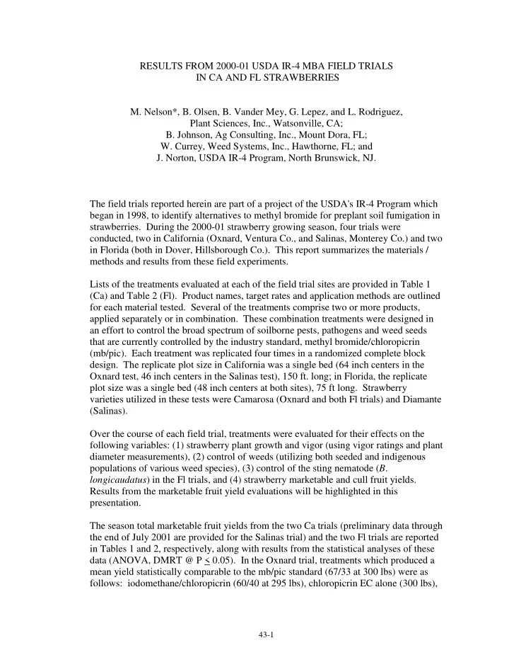 results from 2000 01 usda ir 4 mba field trials in ca and