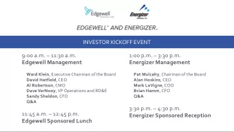 Energizer Sponsored Reception  Edgewell Sponsored Lunch  Edgewell Personal Care  Investor Kickoff