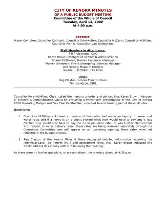 CITY OF KENORA MINUTES  OF A PUBLIC BUDGET MEETING  Committee of the Whole of Council  Tuesday,