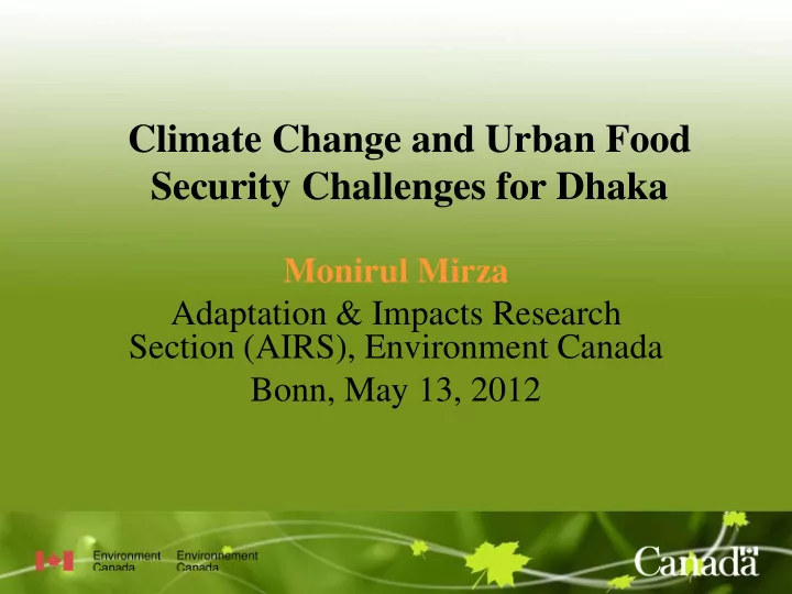 climate change and urban food security challenges for