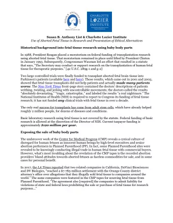 Susan B. Anthony List &amp; Charlotte Lozier Institute  Use of Aborted Fetal Tissue in Research and