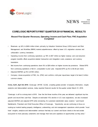 NEWS IMMEDIATE RELEASE CORELOGIC REPORTS FIRST QUARTER 2016 FINANCIAL RESULTS  Record First Quarter
