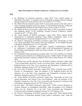 Paper Presentation in National Conferences / Seminars by Core Faculties  2018  Dr. Dhanshree R