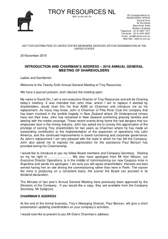 TROY RESOURCES NL  All Correspondence to: ABN  33 006 243 750  REGISTERED OFFICE  Ground Floor  44