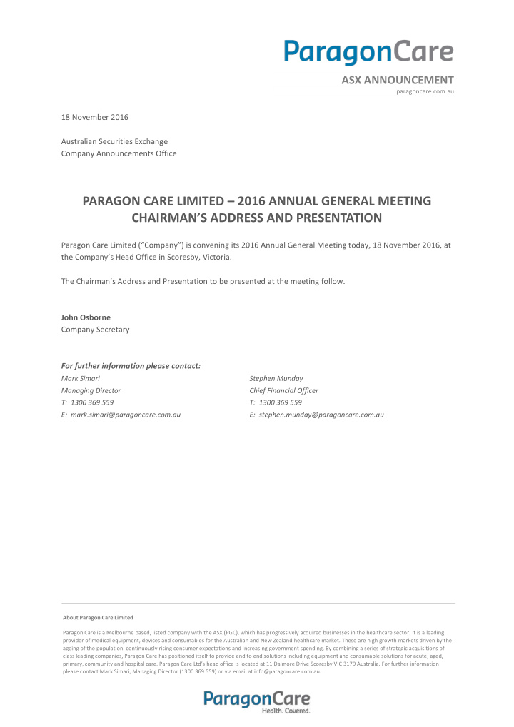 paragon care limited 2016 annual general meeting