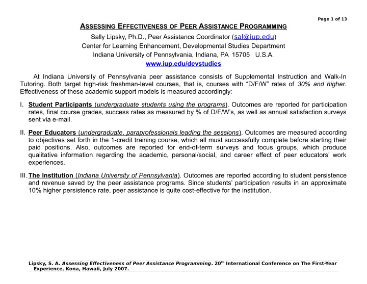 sally lipsky ph d peer assistance coordinator sal iup edu