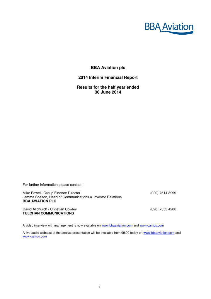 bba aviation plc 2014 interim financial report results