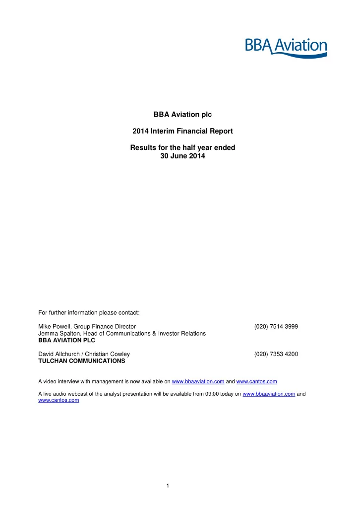 bba aviation plc 2014 interim financial report results