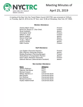 Meeting Minutes of  April 25, 2019  A meeting of the New York City Transit Riders Council (NYCTRC)