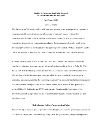 Insiders Compensation Claim Capped at Zero Under Section 502(b)(4)  July/August 2010  David G.