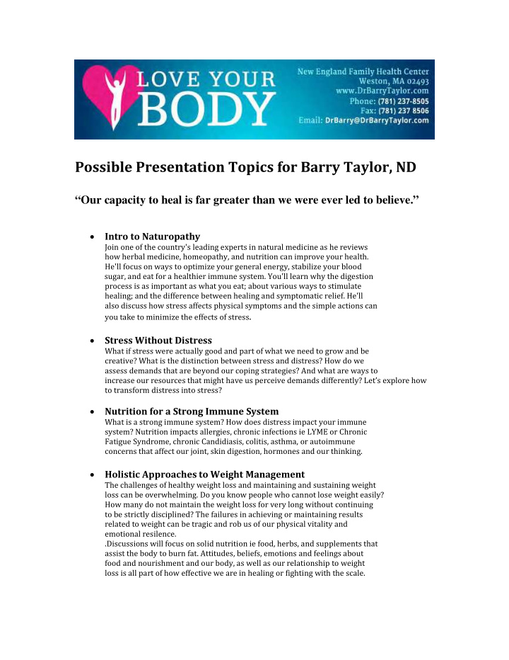 possible presentation topics for barry taylor nd