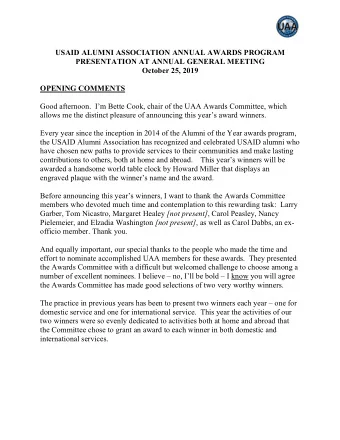 USAID ALUMNI ASSOCIATION ANNUAL AWARDS PROGRAM  PRESENTATION AT ANNUAL GENERAL MEETING  October 25,