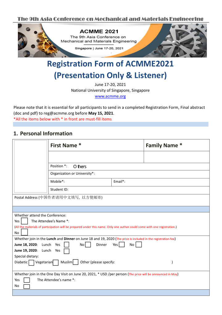 registration form of acmme202 1 presentation only listener