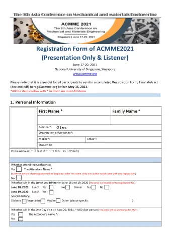 Registration Form of ACMME202 1 ( Presentation Only &amp; Listener ) June 1 7-20 , 202 1  National