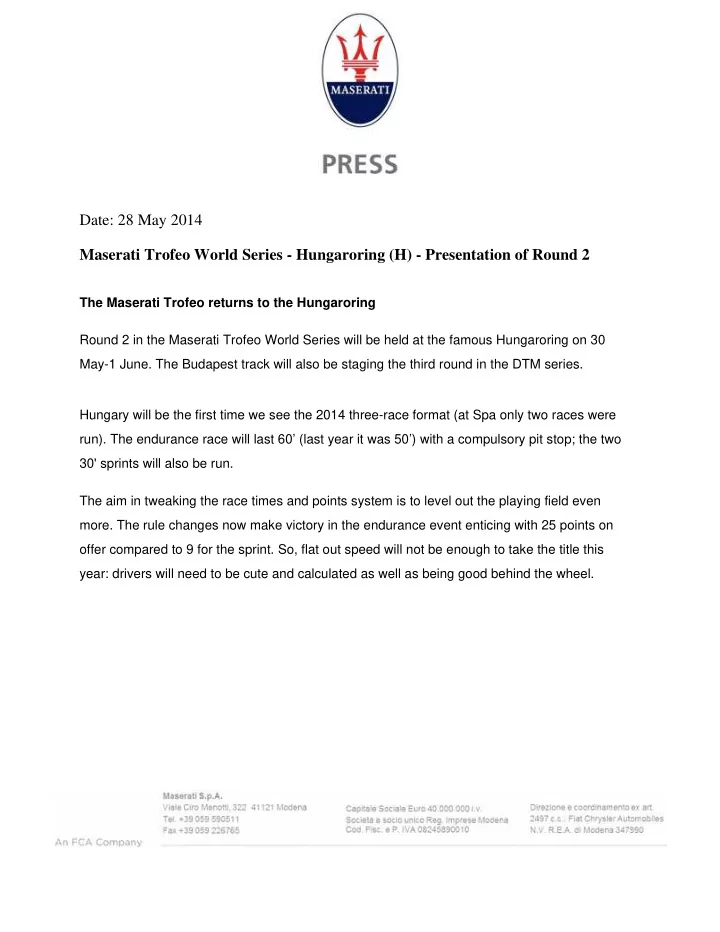 date 28 may 2014 maserati trofeo world series hungaroring