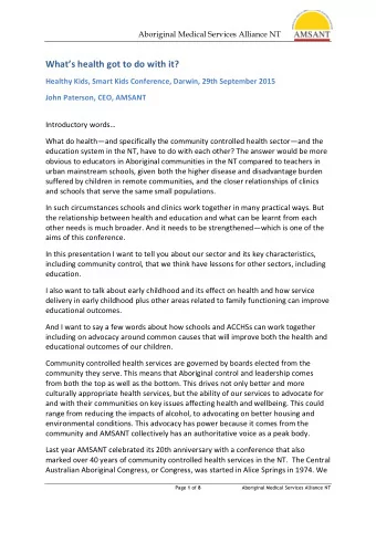 Whats health got to do with it?  Healthy Kids, Smart Kids Conference, Darwin, 29th September