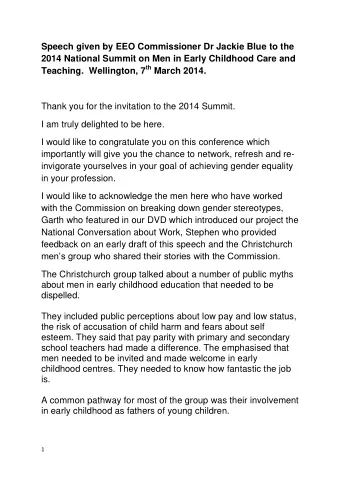 Speech given by EEO Commissioner Dr Jackie Blue to the  2014 National Summit on Men in Early