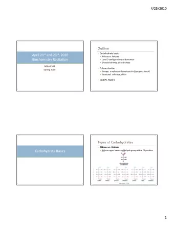 Outline April 21 st and 23 rd , 2010  Carbohydrate basics  Aldoses vs. ketoses  Biochemistry